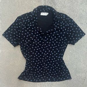 Vintage button up / down Jay Jacobs black and blue floral v-neck dress shirt